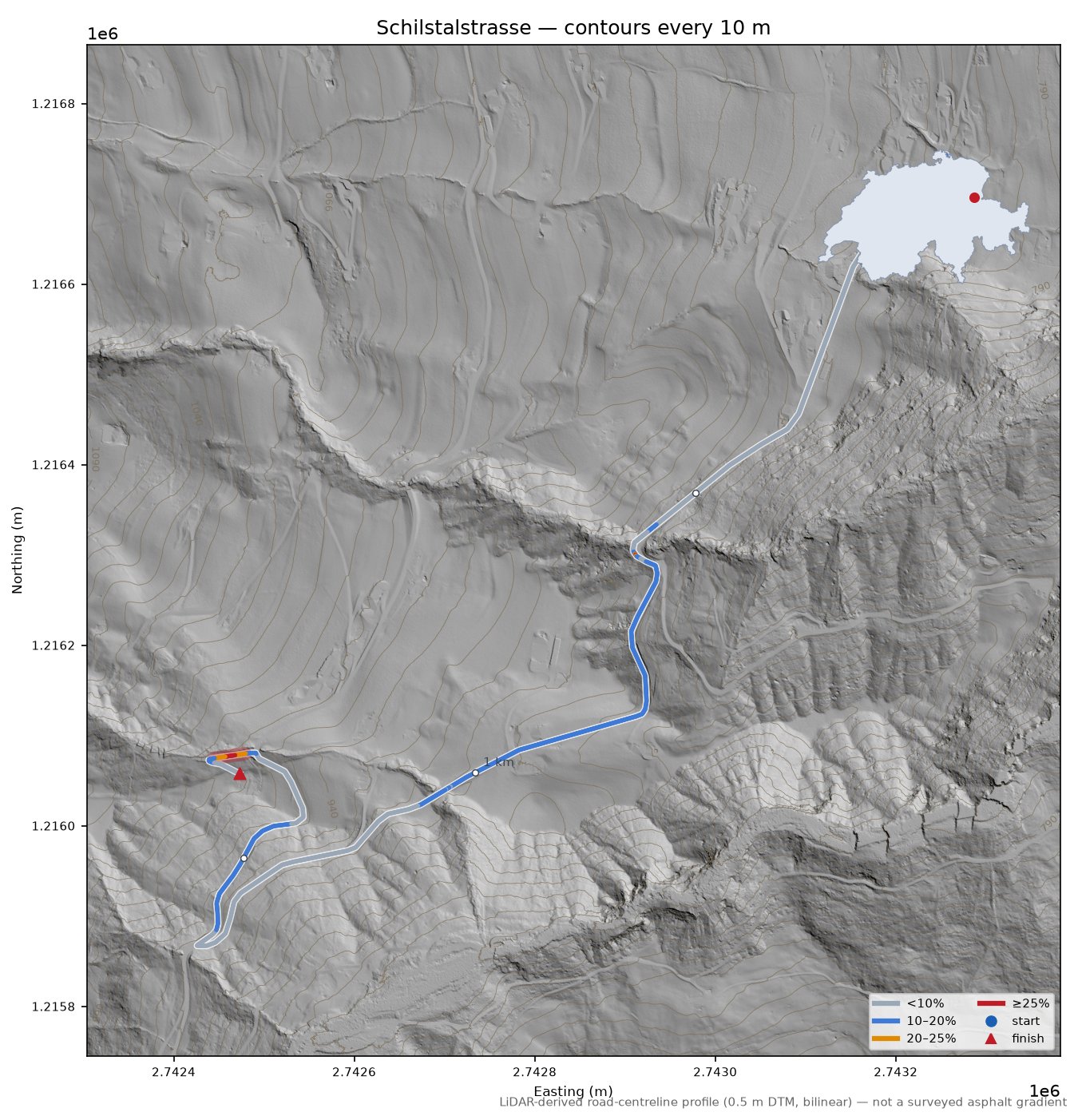 Schilstalstrasse LiDAR hillshade map with contours
