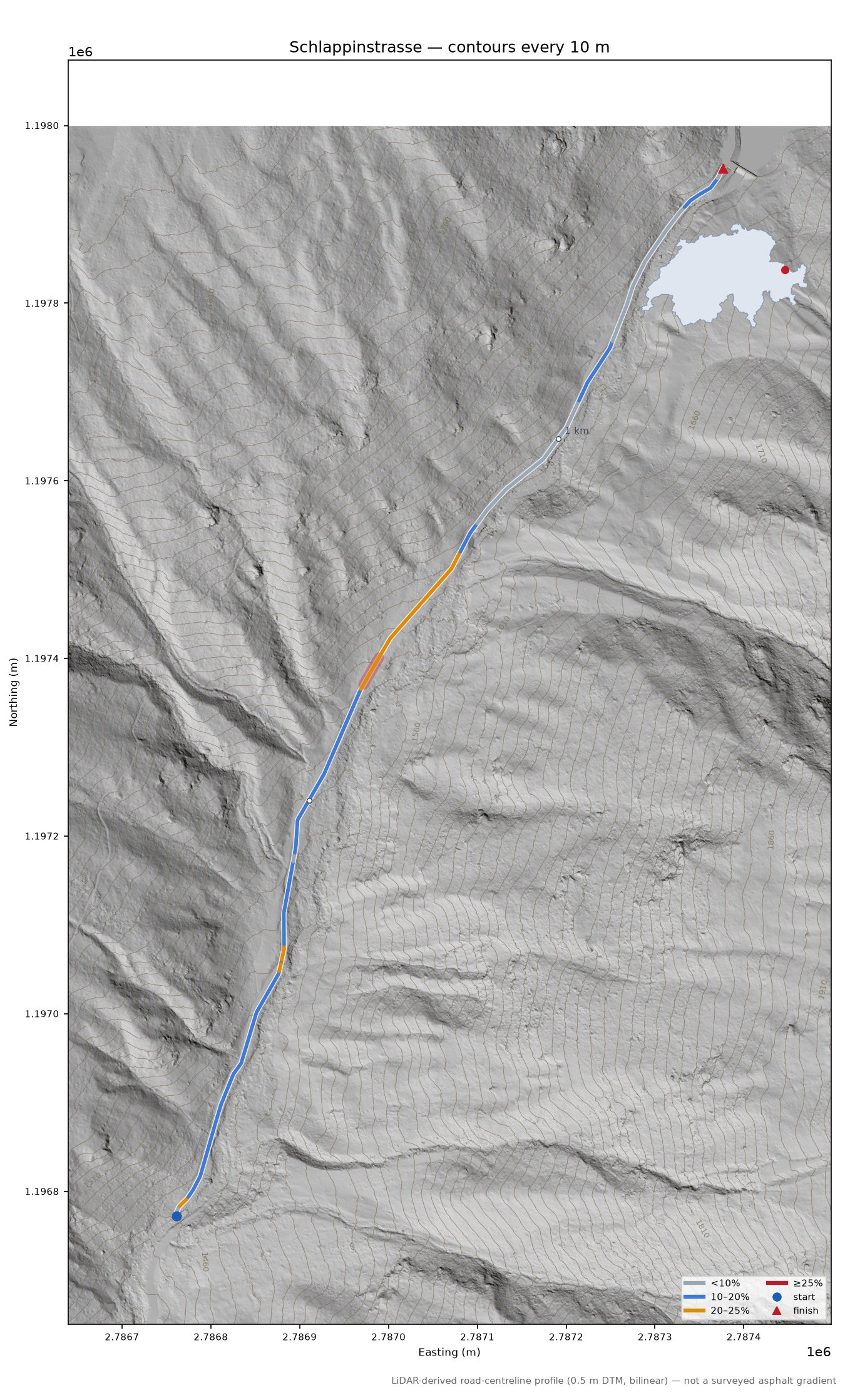 Schlappinstrasse LiDAR hillshade map with contours