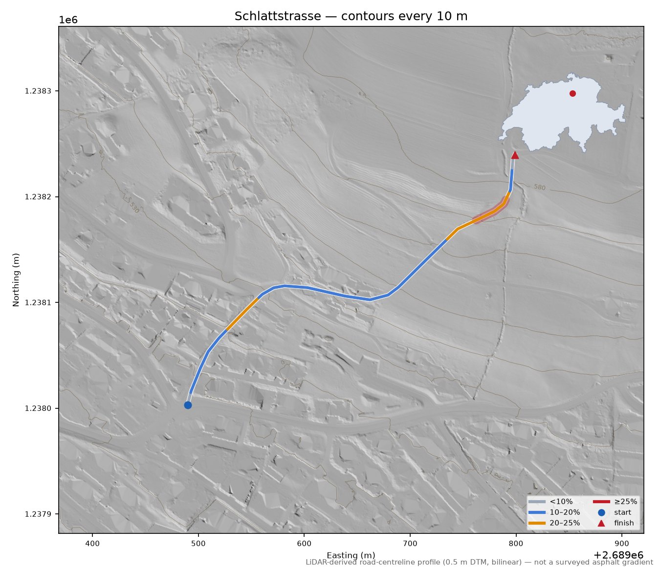Schlattstrasse LiDAR hillshade map with contours