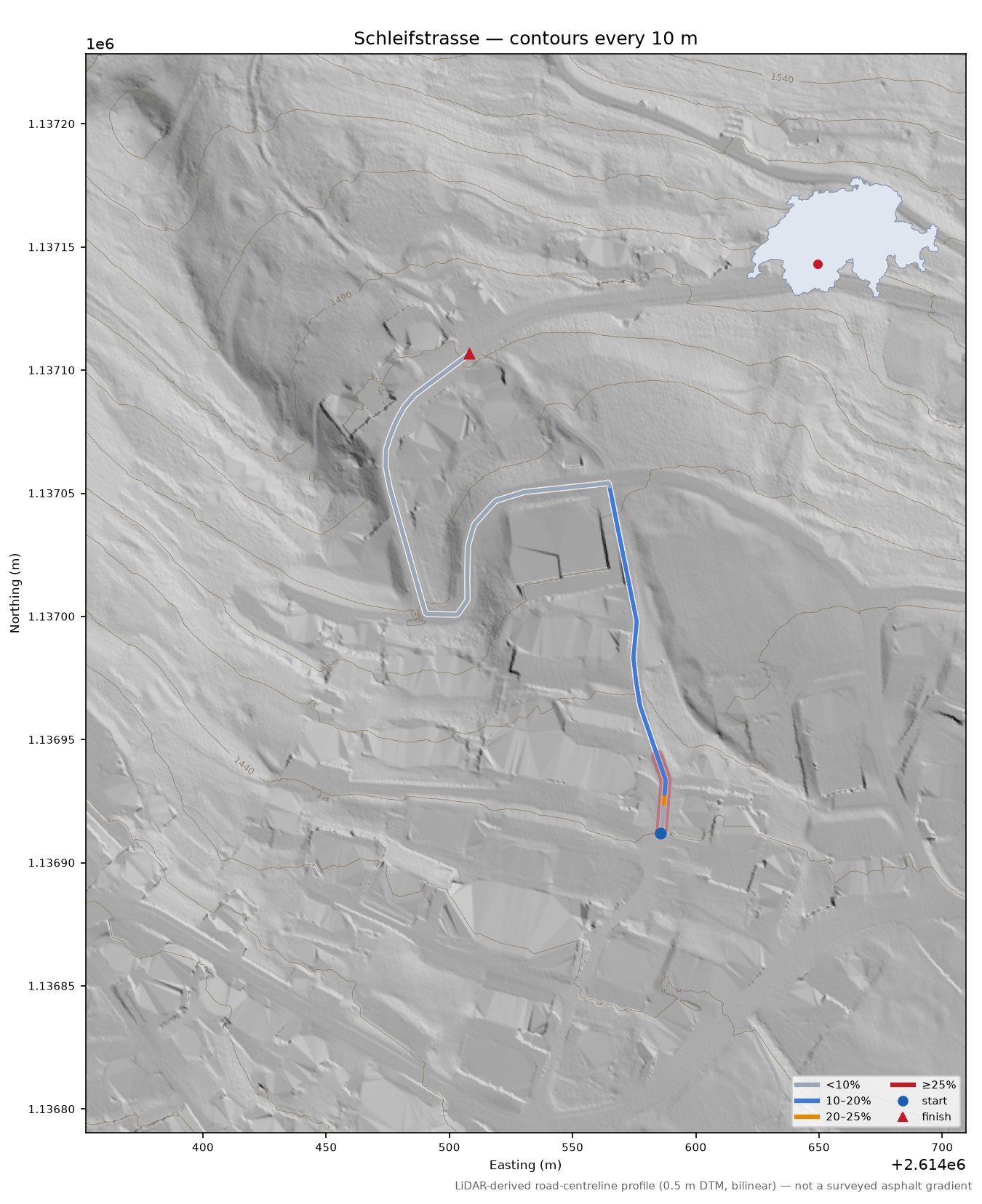 Schleifstrasse LiDAR hillshade map with contours