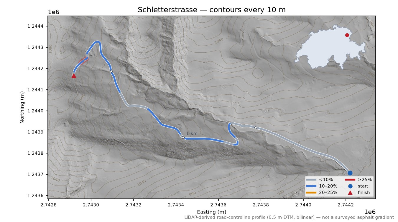 Schletterstrasse LiDAR hillshade map with contours