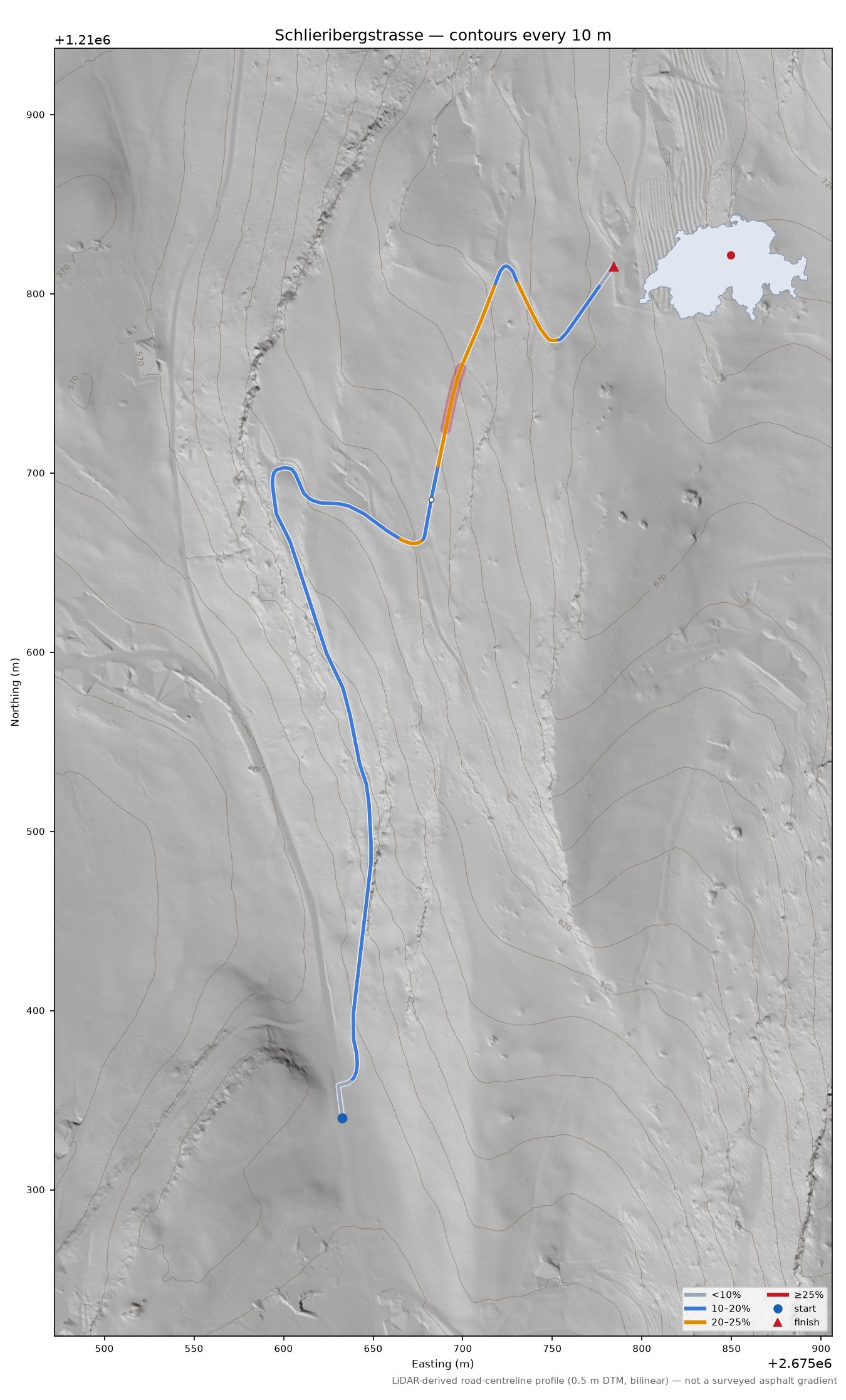 Schlieribergstrasse LiDAR hillshade map with contours
