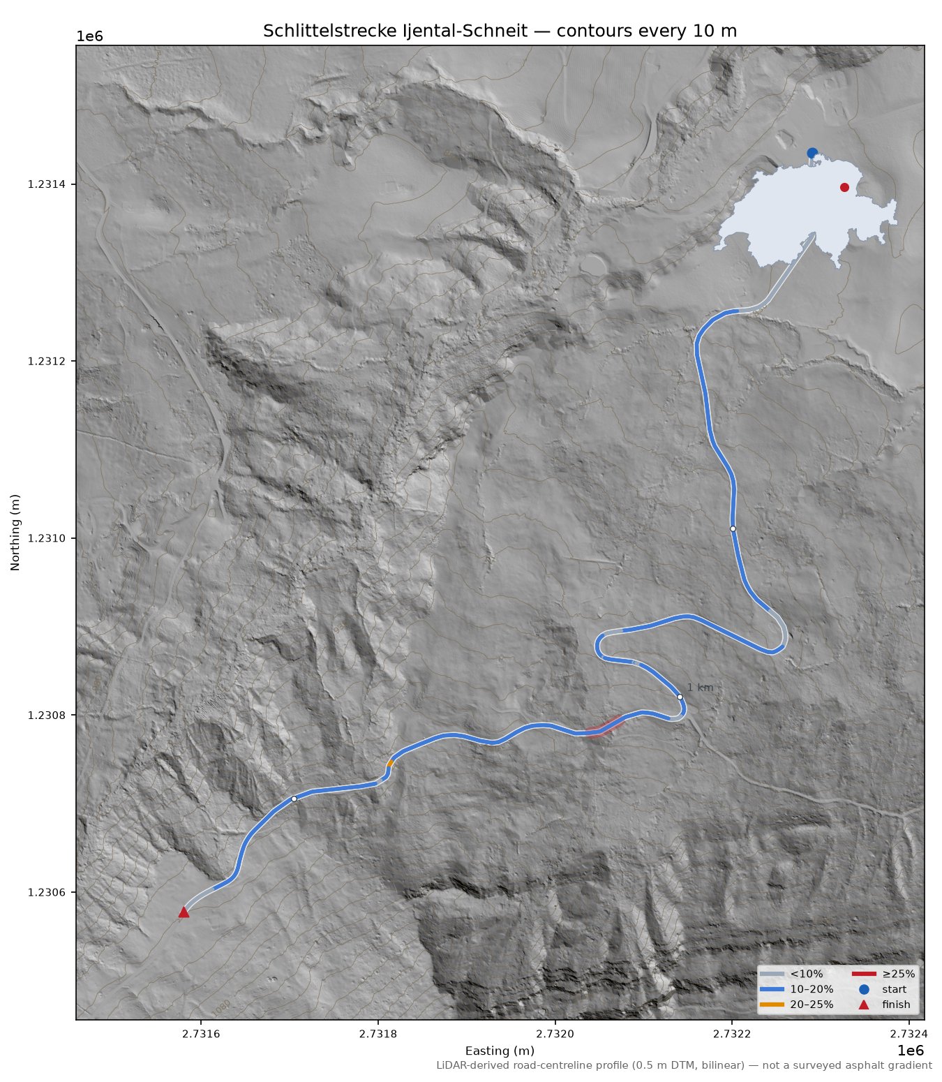 Schlittelstrecke Ijental-Schneit LiDAR hillshade map with contours
