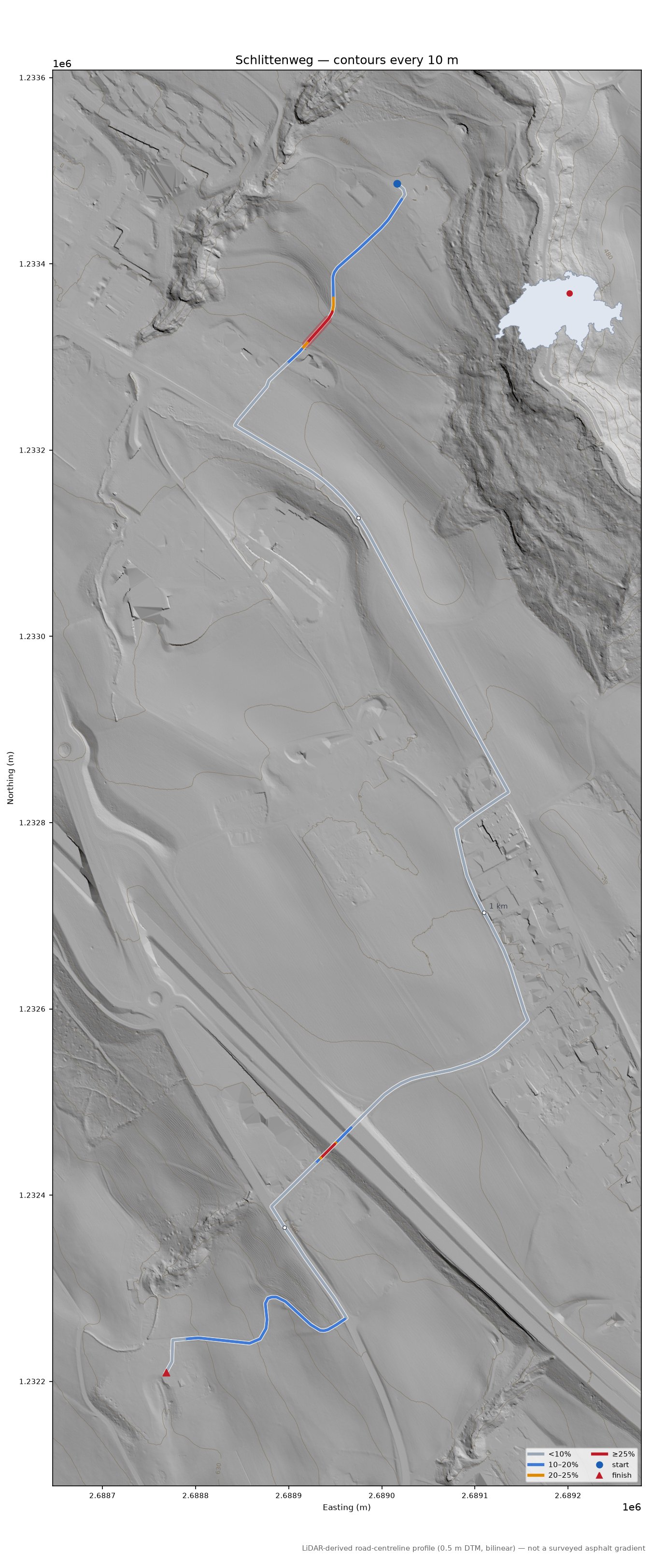 Schlittenweg LiDAR hillshade map with contours