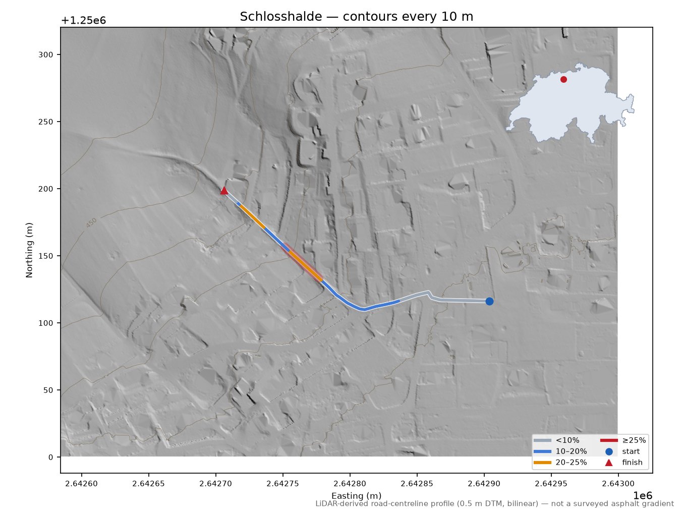 Schlosshalde LiDAR hillshade map with contours