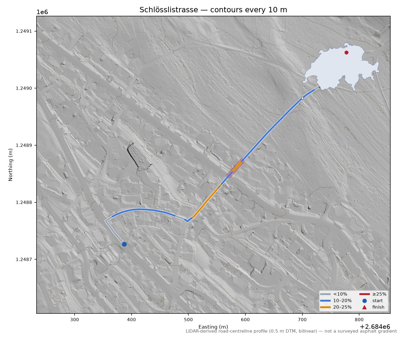 Schlösslistrasse LiDAR hillshade map with contours