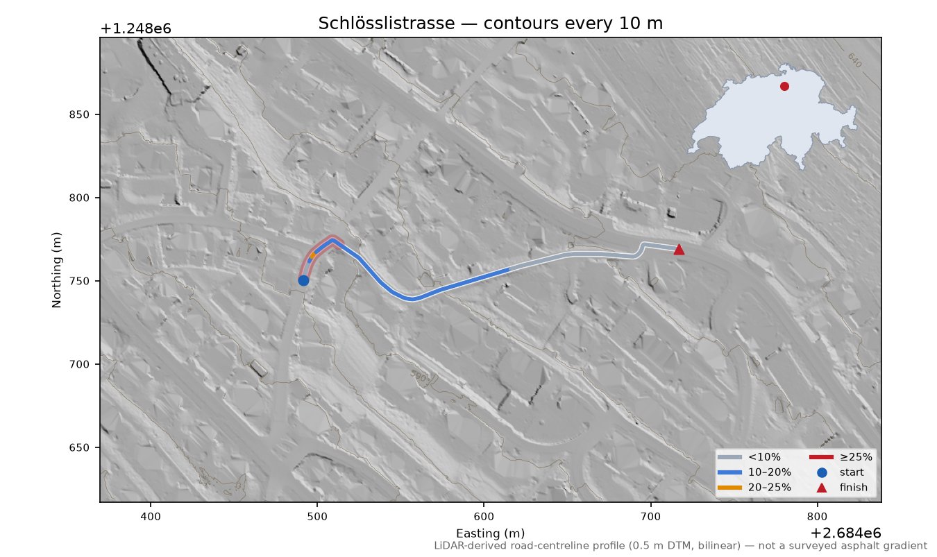 Schlösslistrasse LiDAR hillshade map with contours