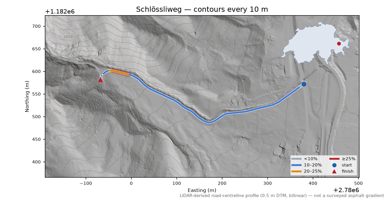Schlössliweg LiDAR hillshade map with contours