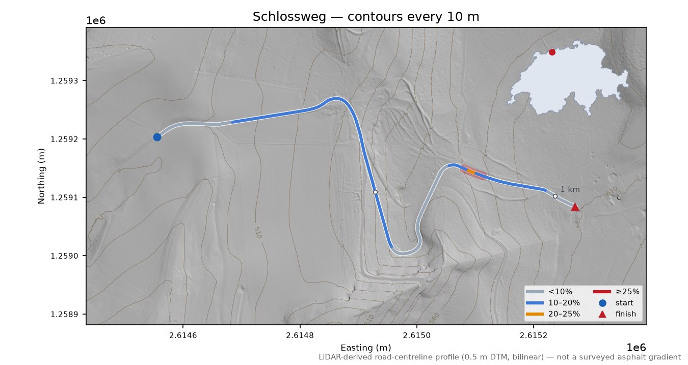 Schlossweg LiDAR hillshade map with contours