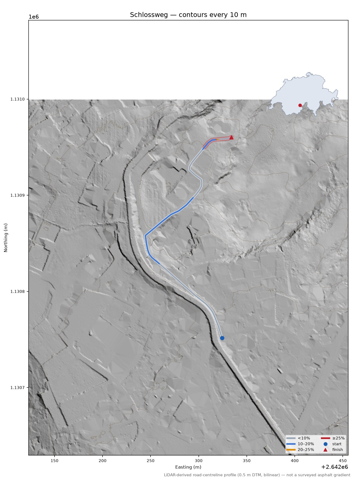 Schlossweg LiDAR hillshade map with contours