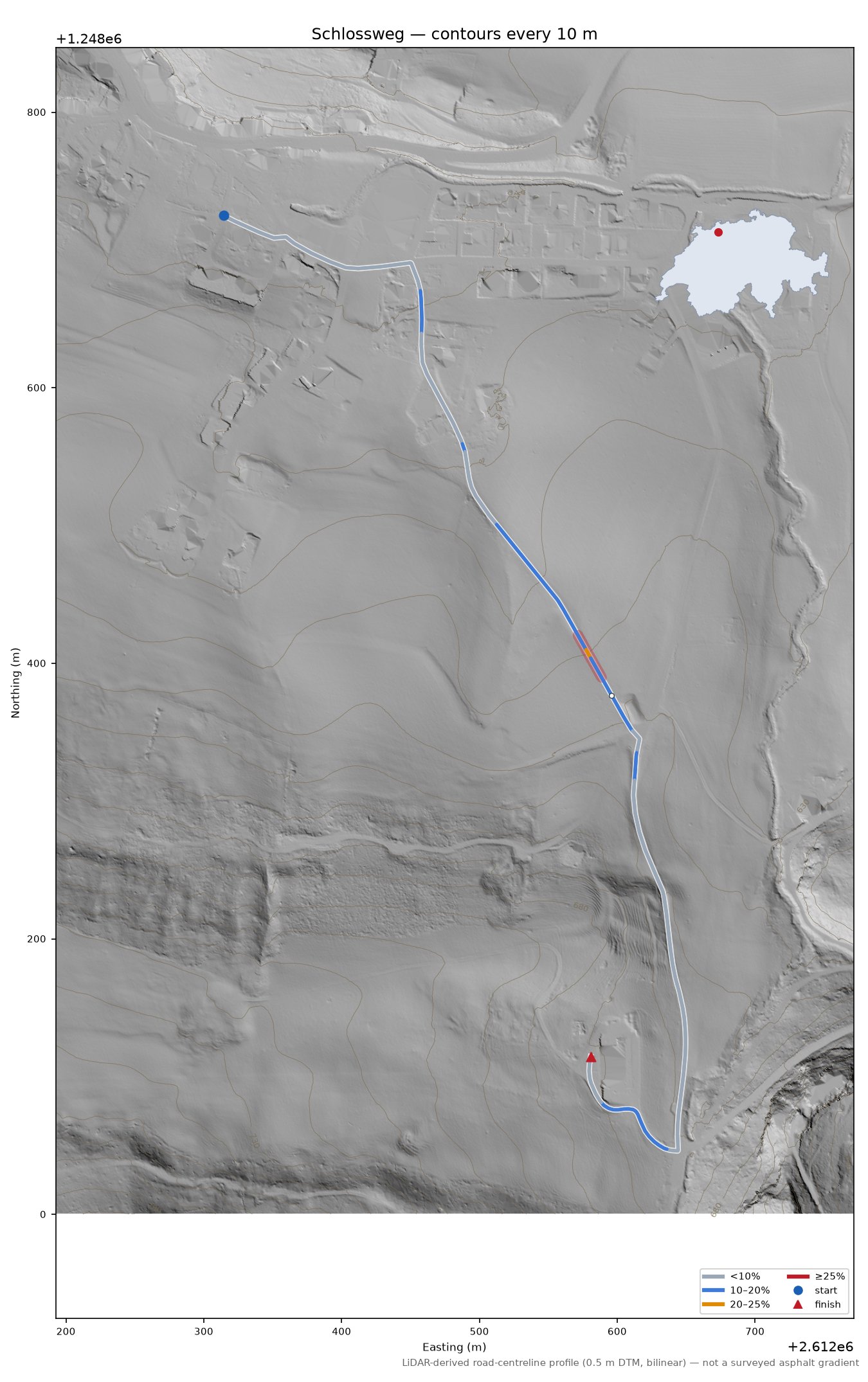 Schlossweg LiDAR hillshade map with contours