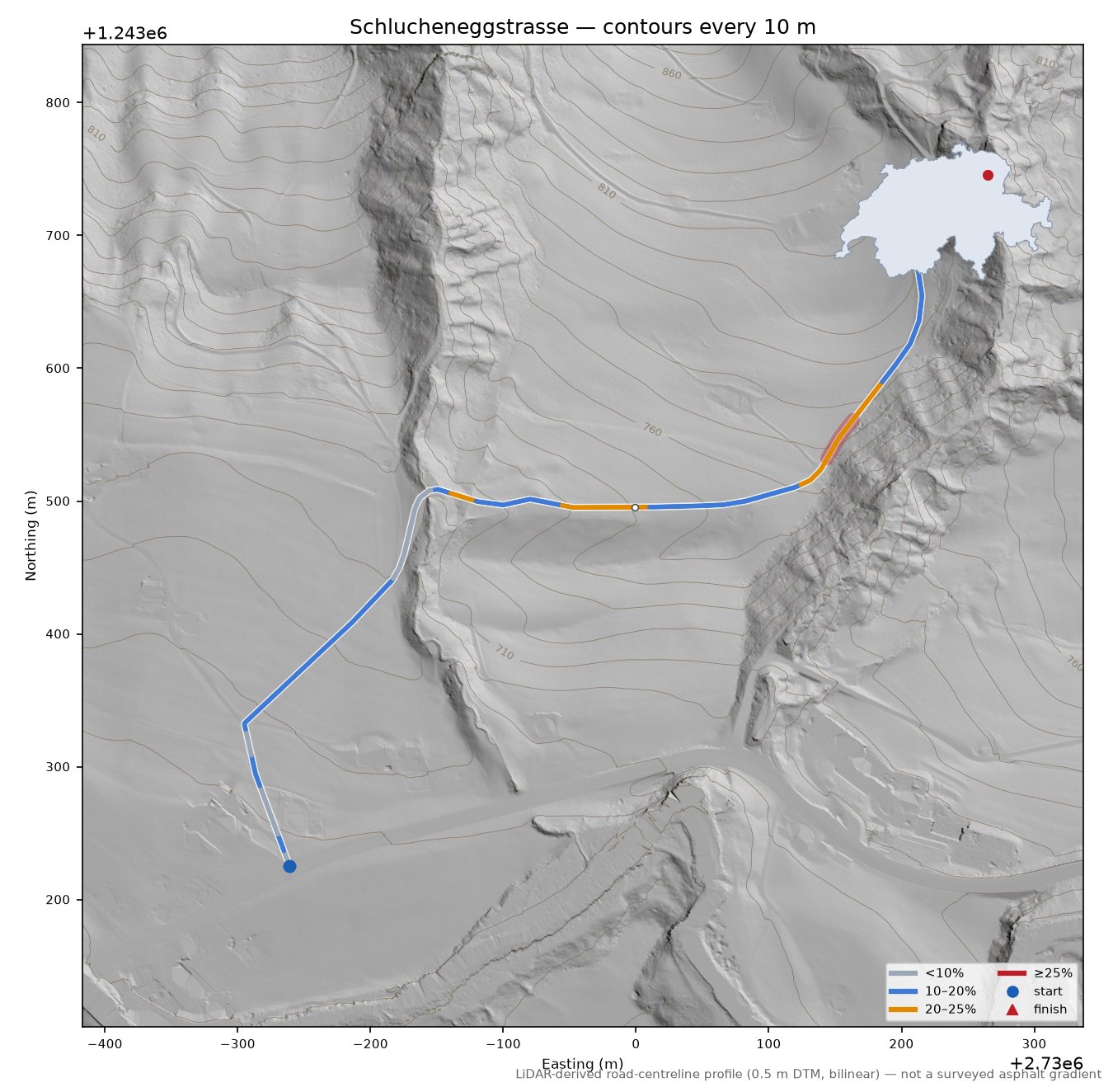 Schlucheneggstrasse LiDAR hillshade map with contours
