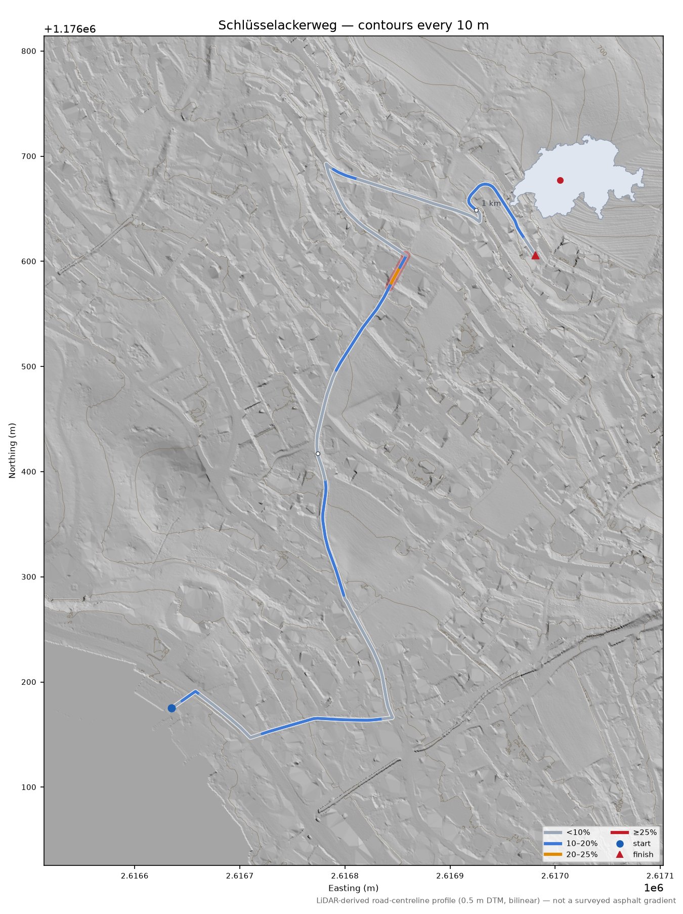 Schlüsselackerweg LiDAR hillshade map with contours