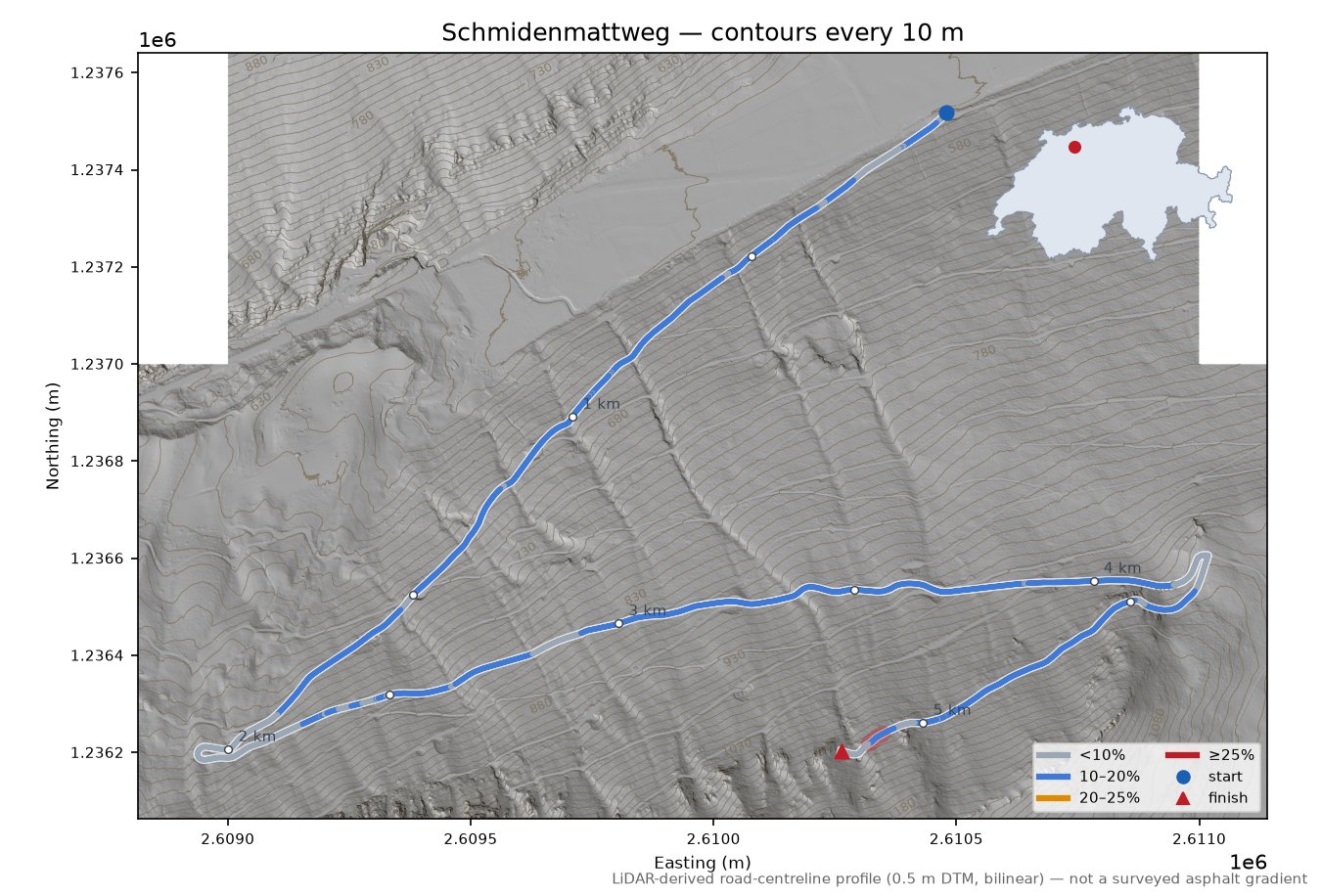 Schmidenmattweg LiDAR hillshade map with contours