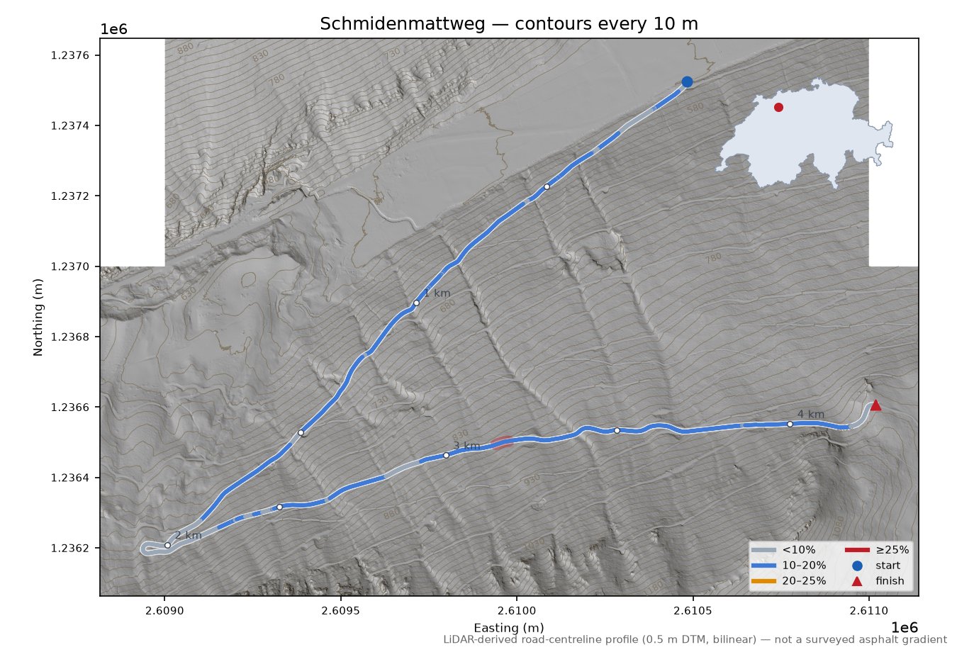 Schmidenmattweg LiDAR hillshade map with contours