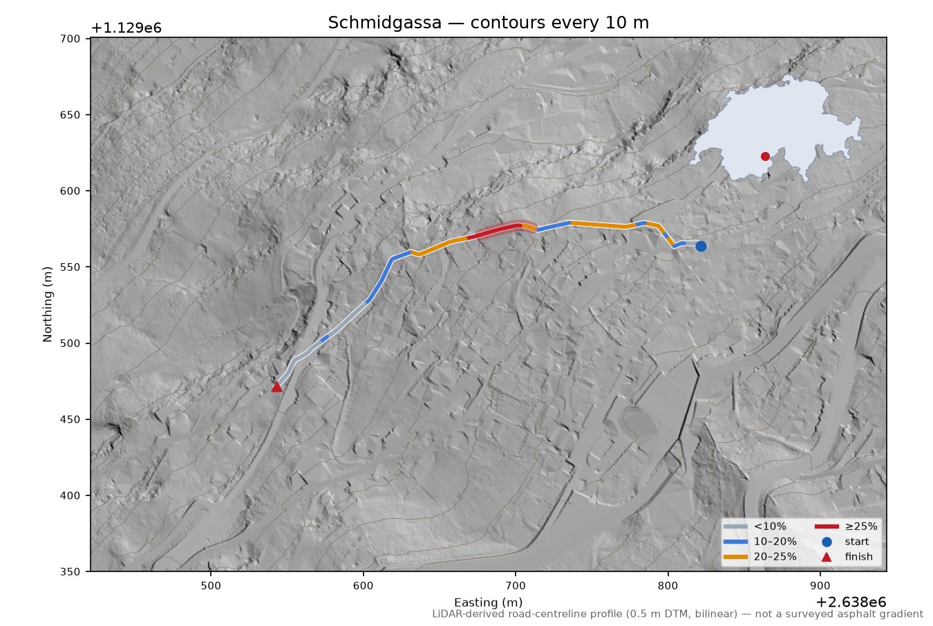 Schmidgassa LiDAR hillshade map with contours