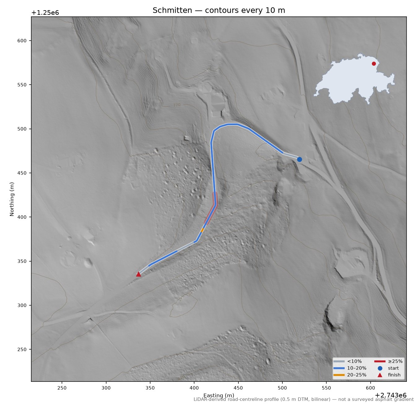 Schmitten LiDAR hillshade map with contours