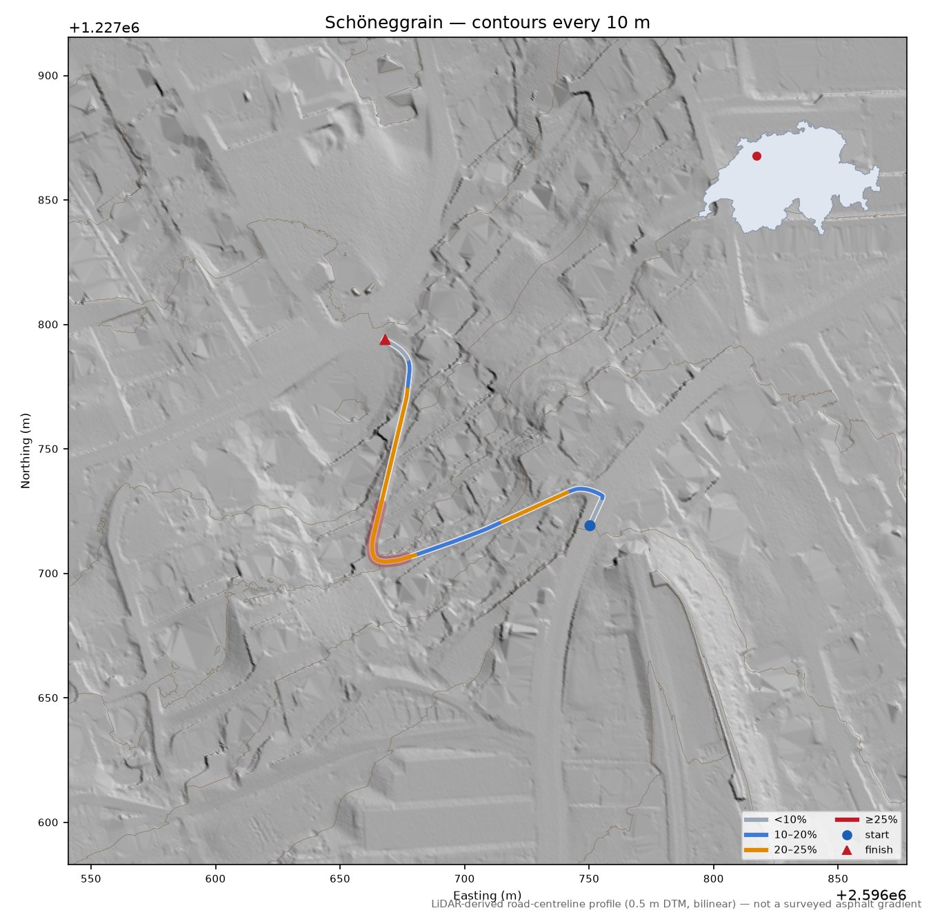 Schöneggrain LiDAR hillshade map with contours