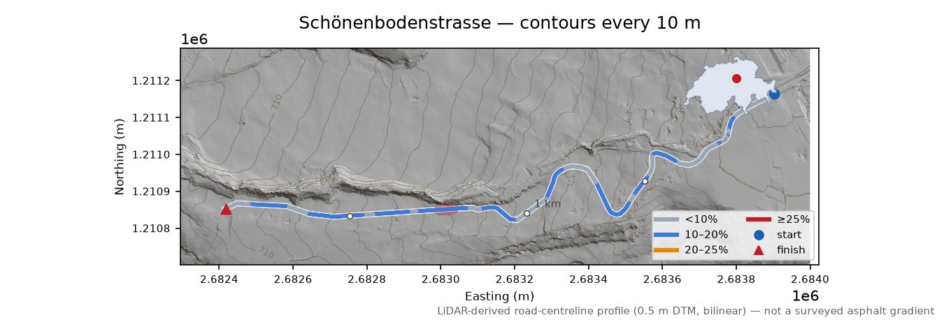 Schönenbodenstrasse LiDAR hillshade map with contours
