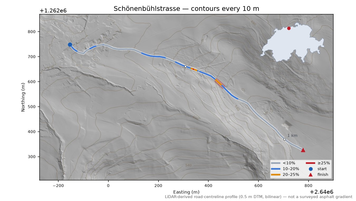 Schönenbühlstrasse LiDAR hillshade map with contours