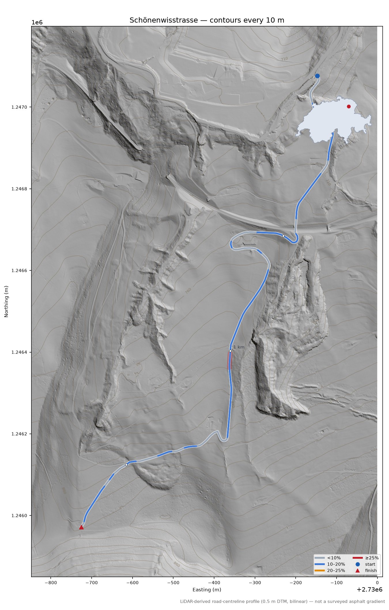 Schönenwisstrasse LiDAR hillshade map with contours