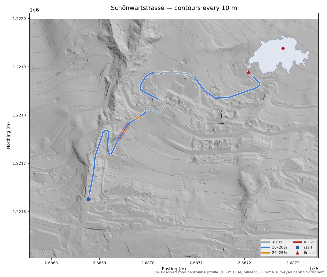 Schönwartstrasse LiDAR hillshade map with contours