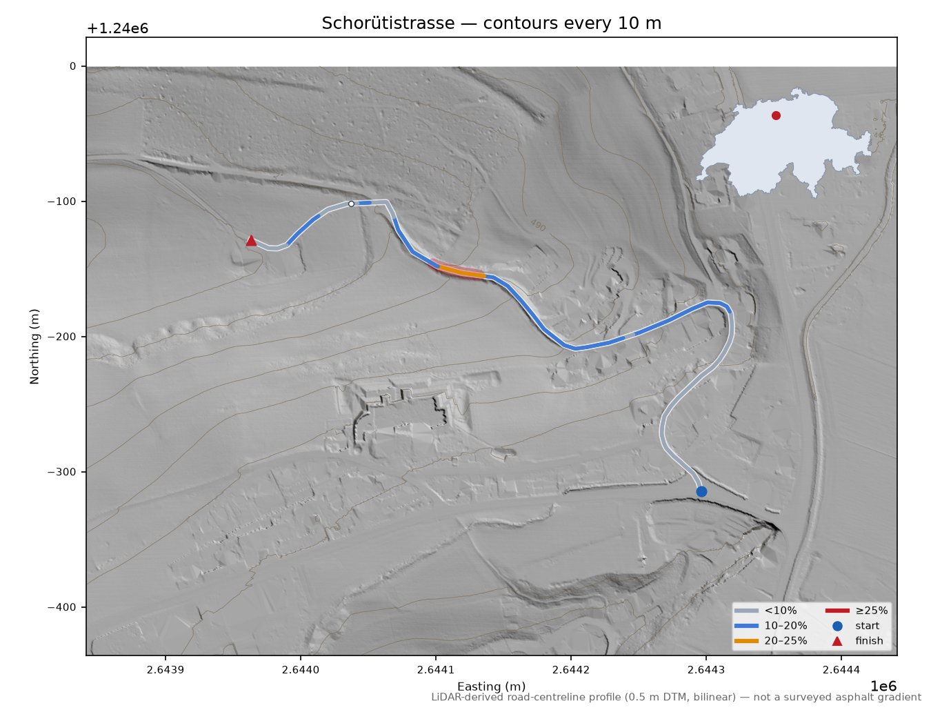 Schorütistrasse LiDAR hillshade map with contours