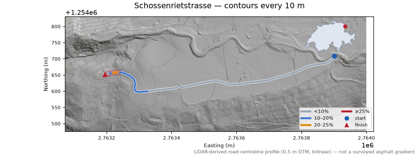 Schossenrietstrasse LiDAR hillshade map with contours