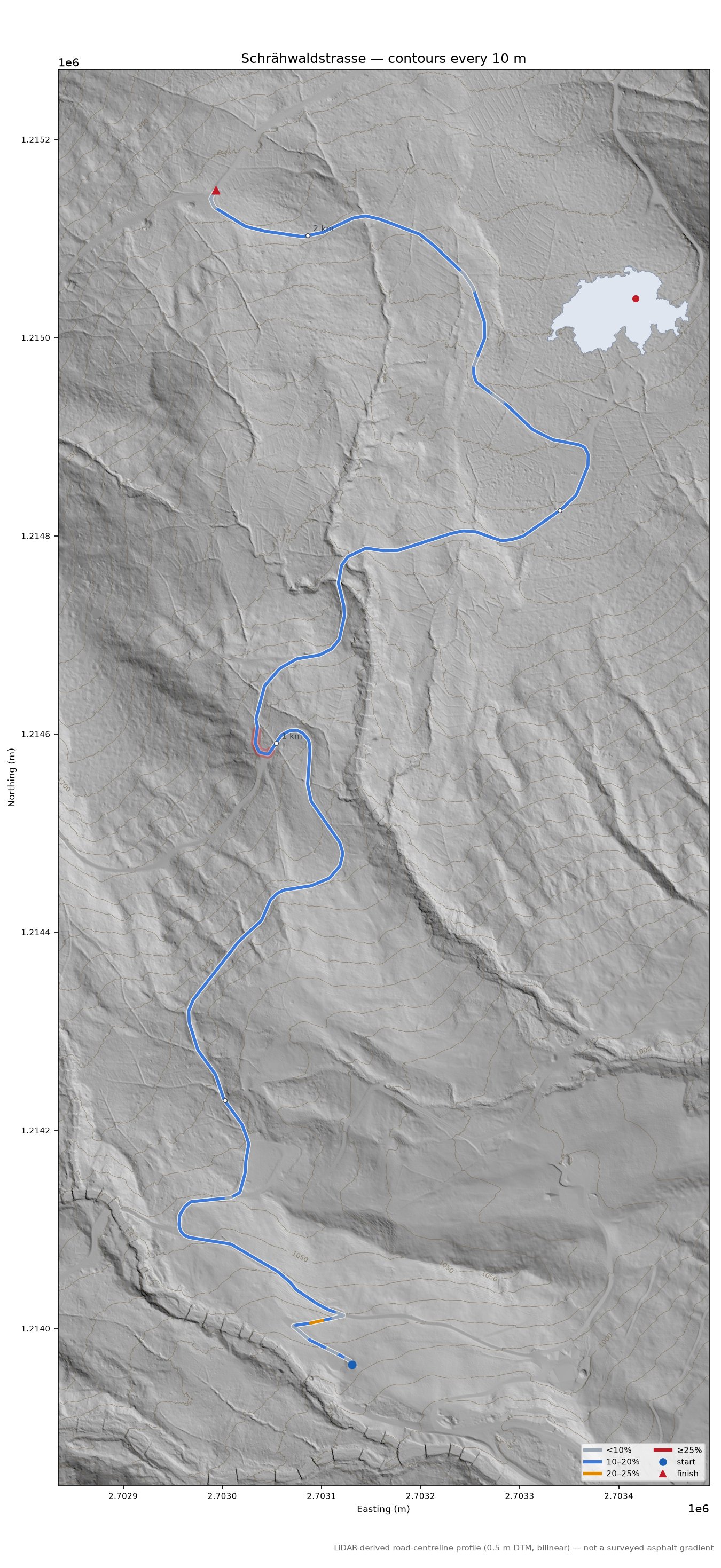 Schrähwaldstrasse LiDAR hillshade map with contours
