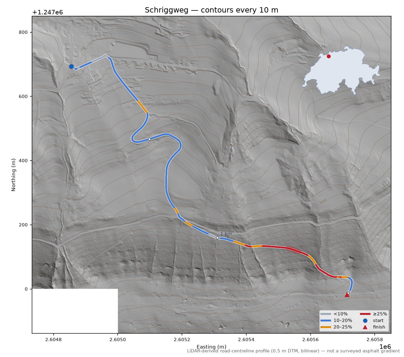 Schriggweg LiDAR hillshade map with contours