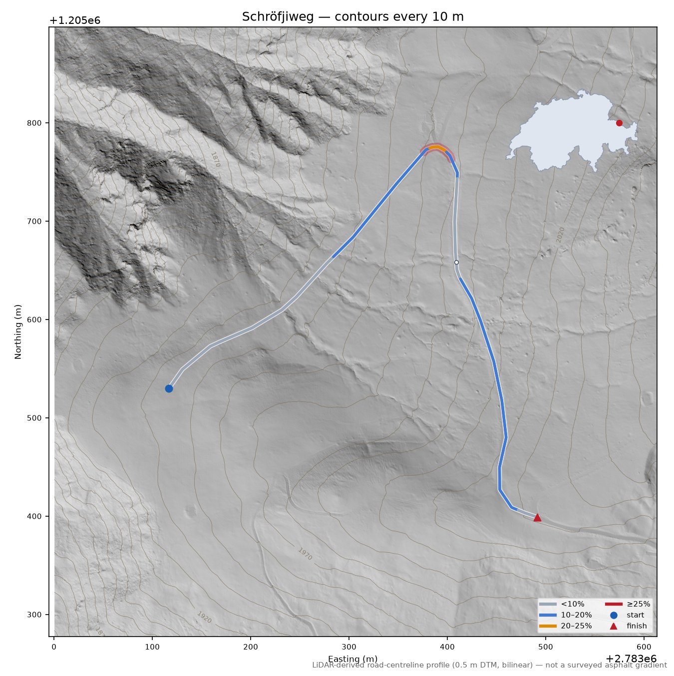 Schröfjiweg LiDAR hillshade map with contours