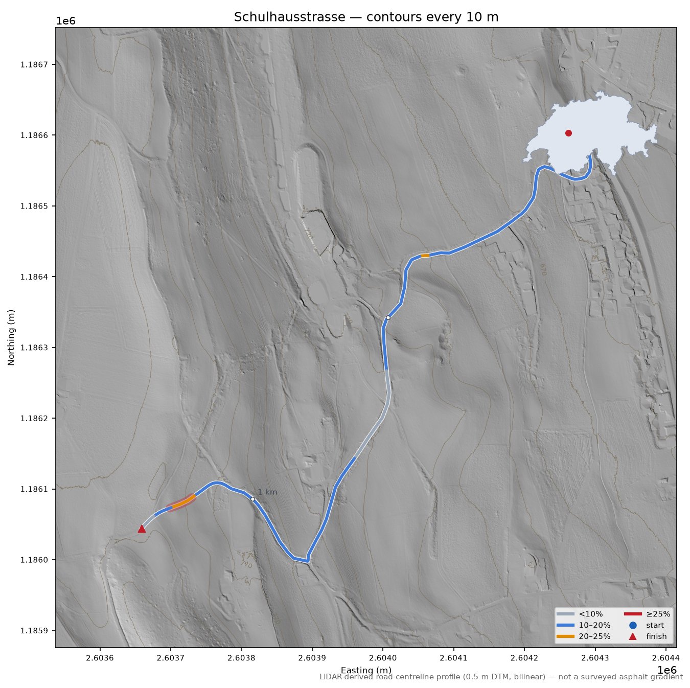 Schulhausstrasse LiDAR hillshade map with contours