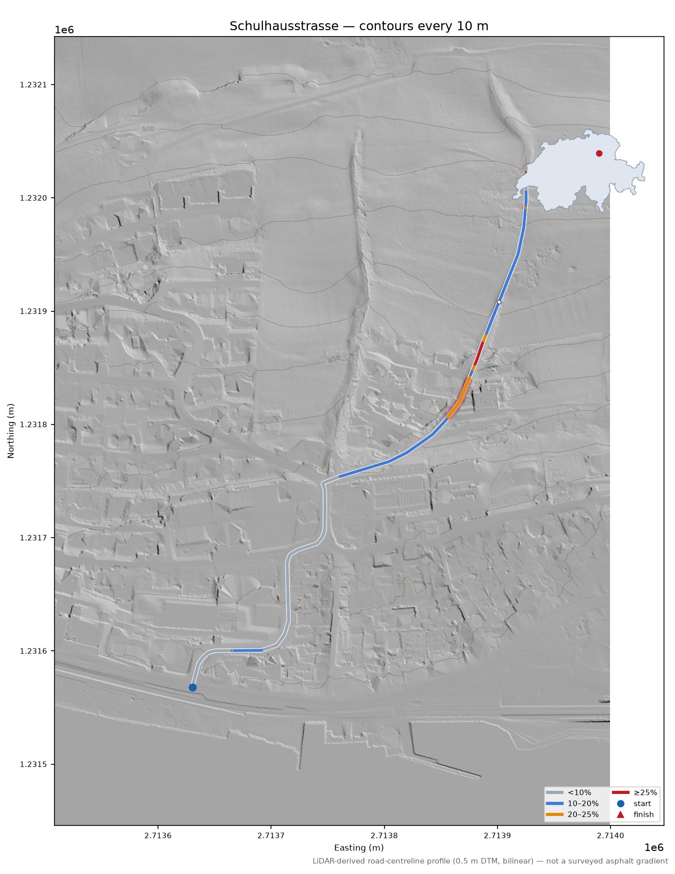 Schulhausstrasse LiDAR hillshade map with contours