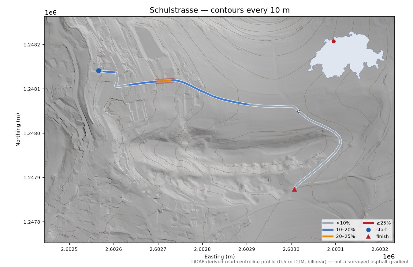 Schulstrasse LiDAR hillshade map with contours