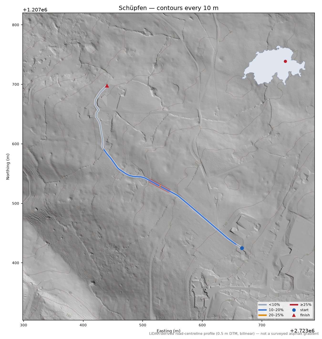 Schüpfen LiDAR hillshade map with contours