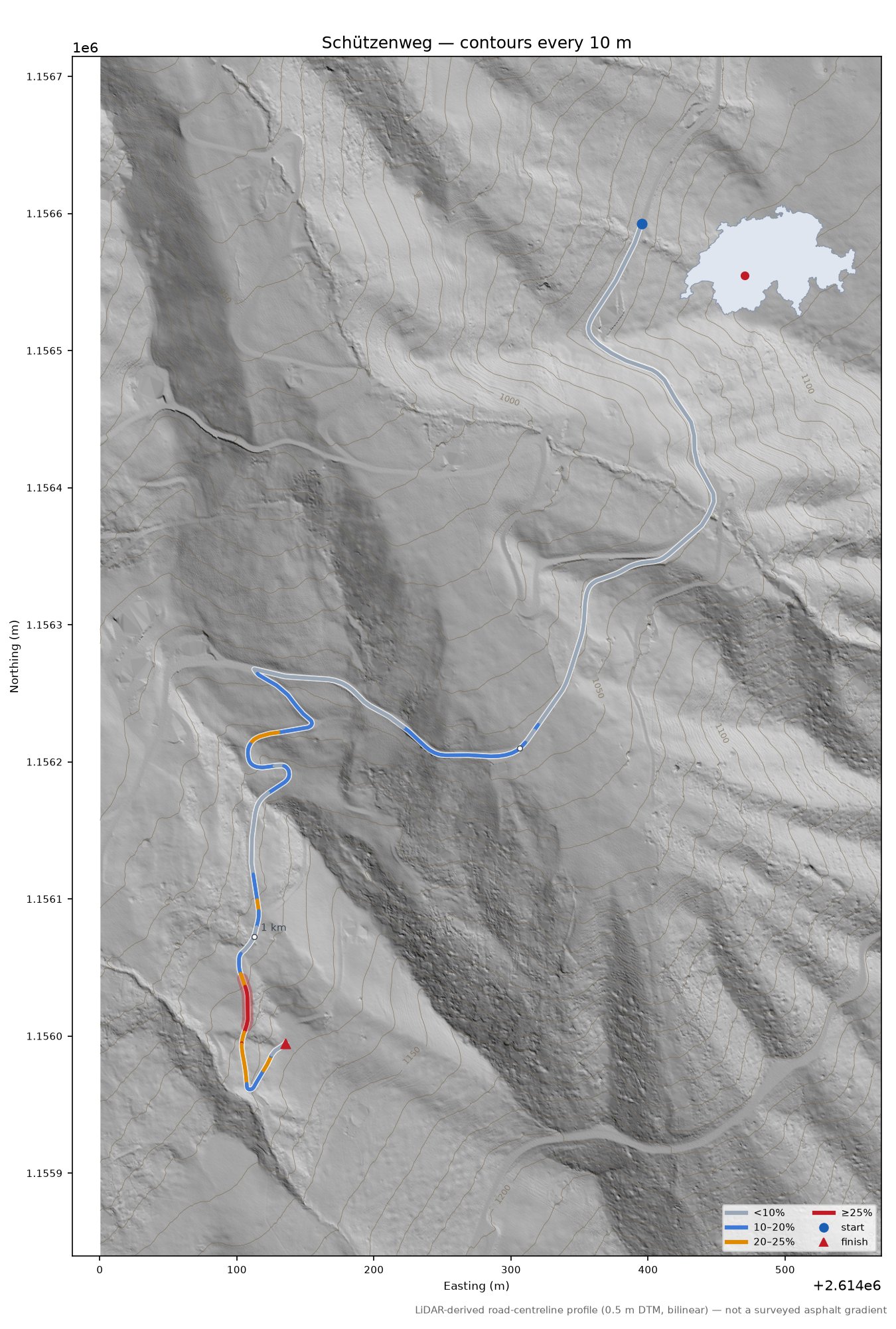 Schützenweg LiDAR hillshade map with contours