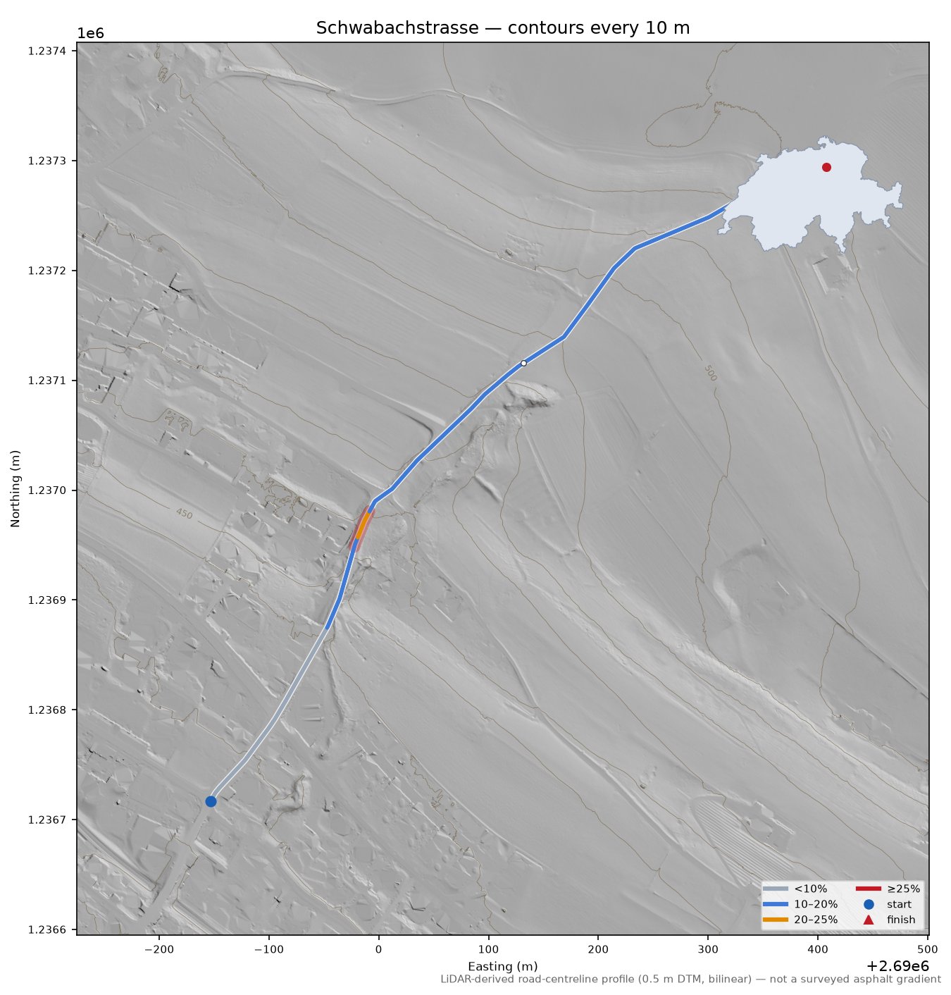 Schwabachstrasse LiDAR hillshade map with contours