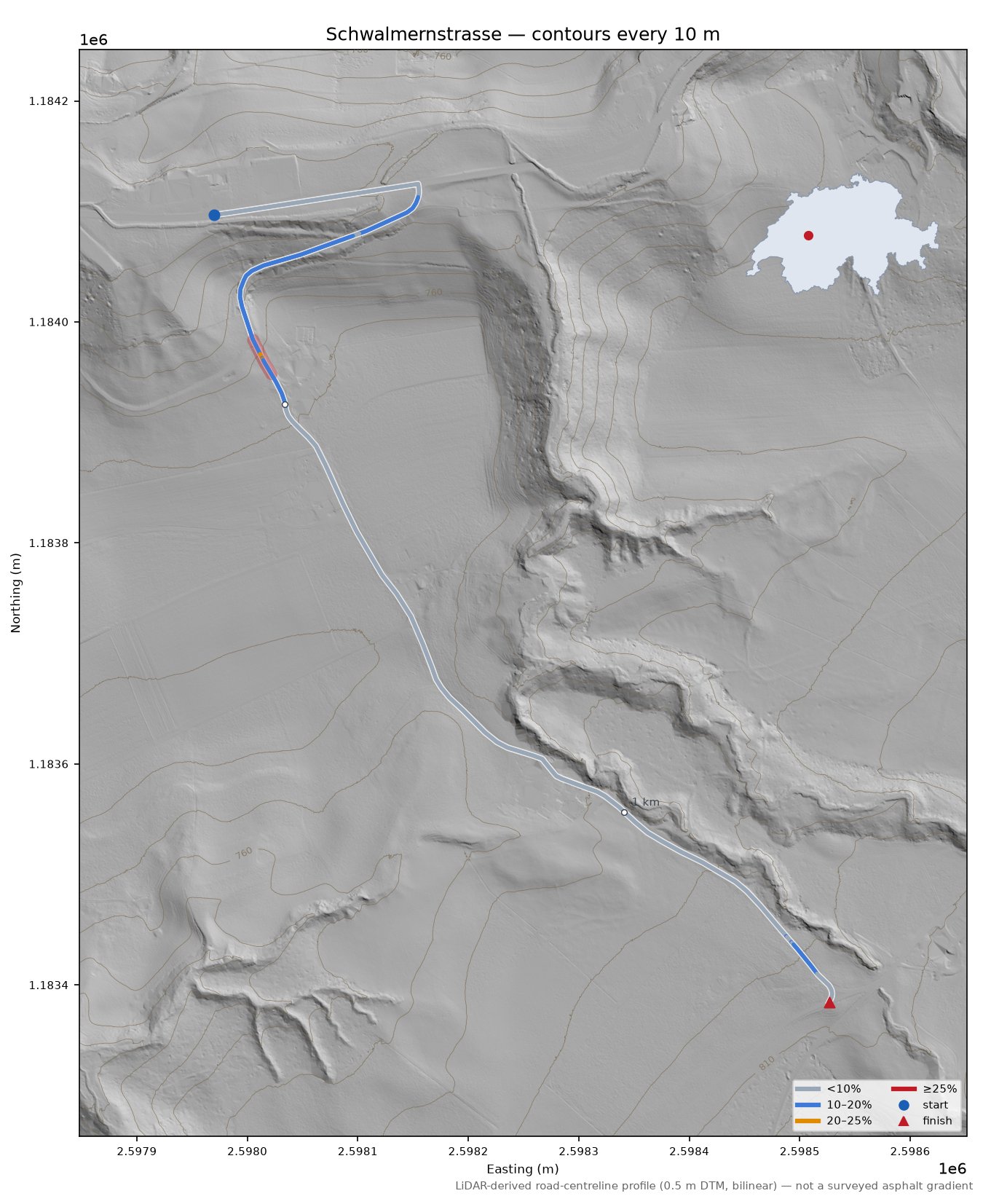 Schwalmernstrasse LiDAR hillshade map with contours