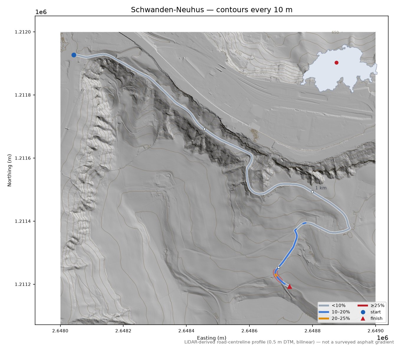 Schwanden-Neuhus LiDAR hillshade map with contours