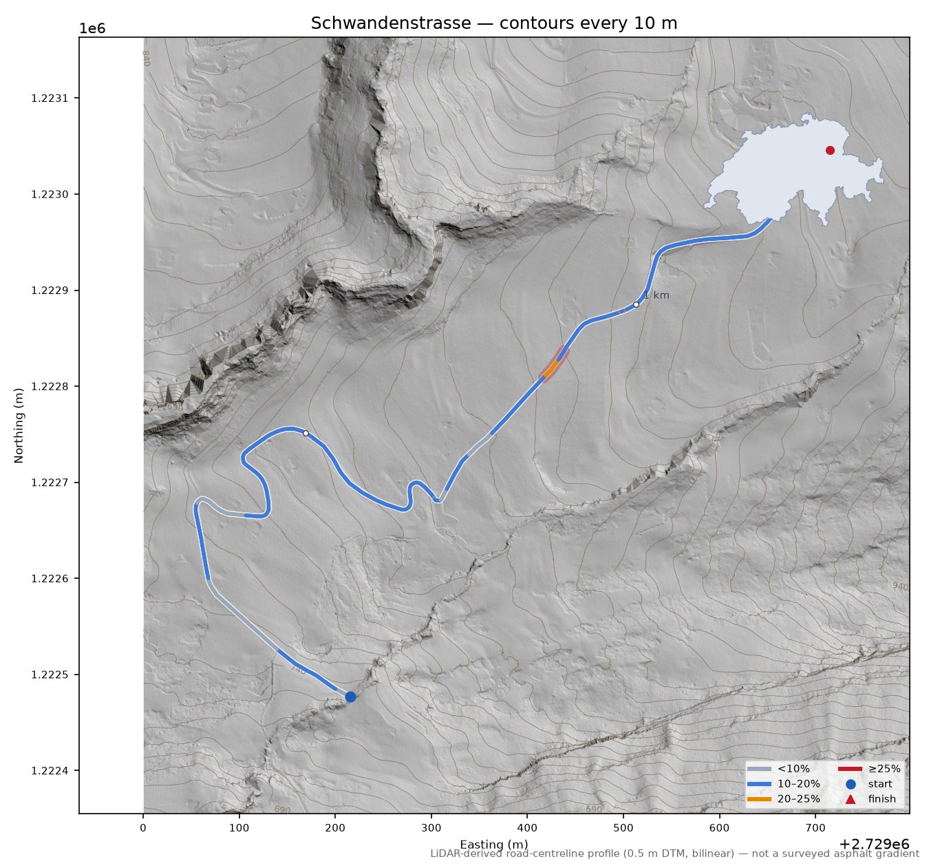 Schwandenstrasse LiDAR hillshade map with contours