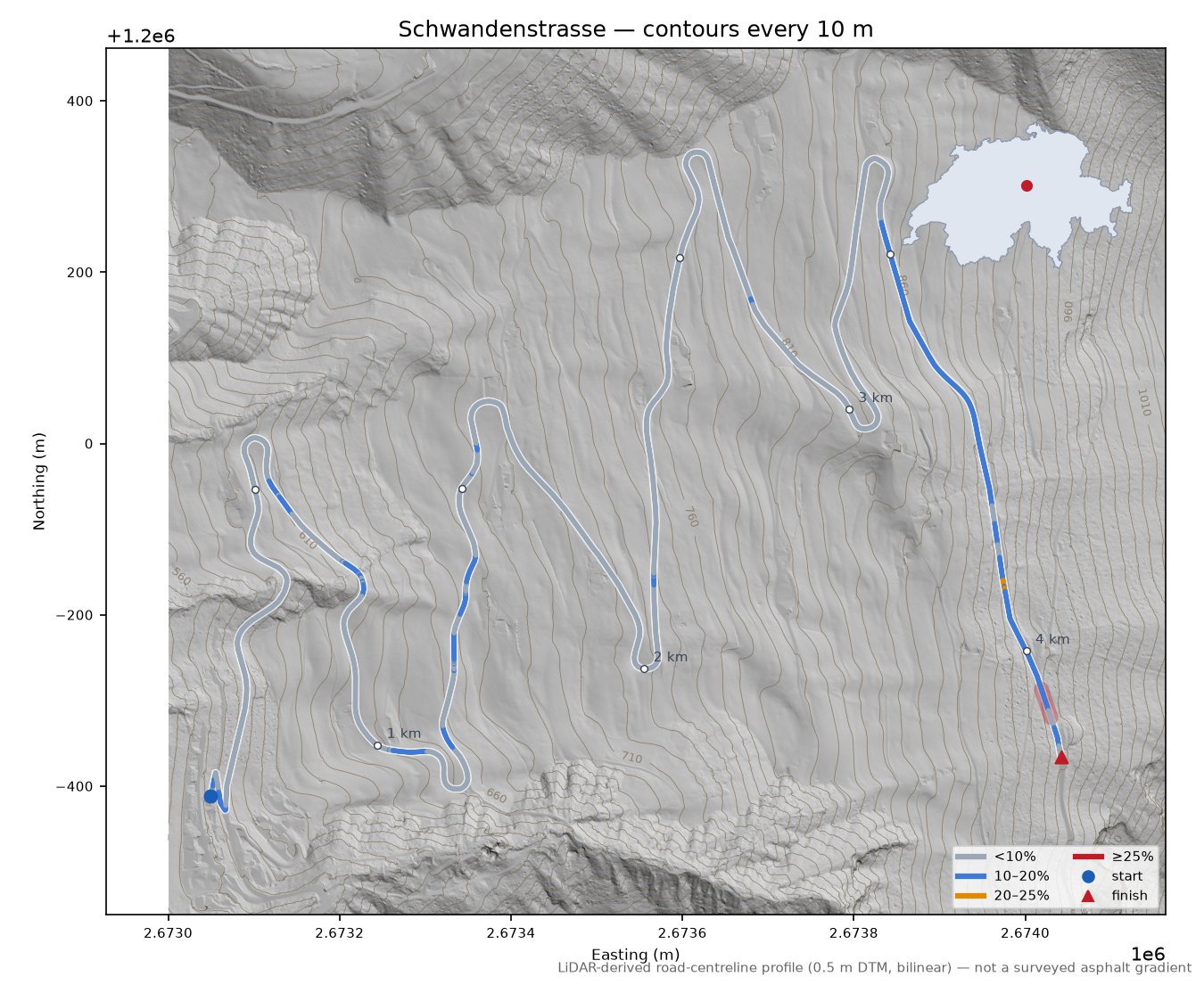 Schwandenstrasse LiDAR hillshade map with contours