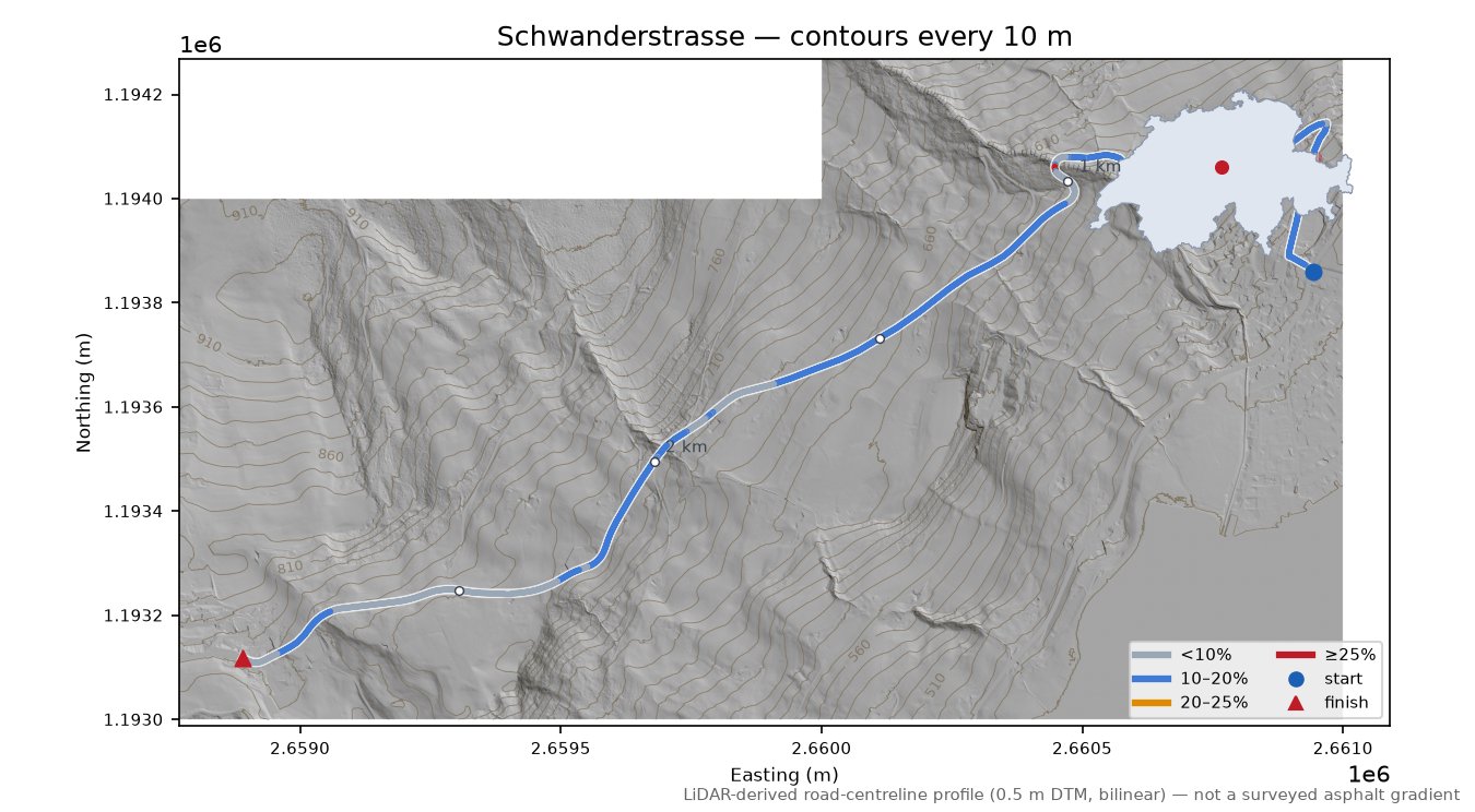 Schwanderstrasse LiDAR hillshade map with contours