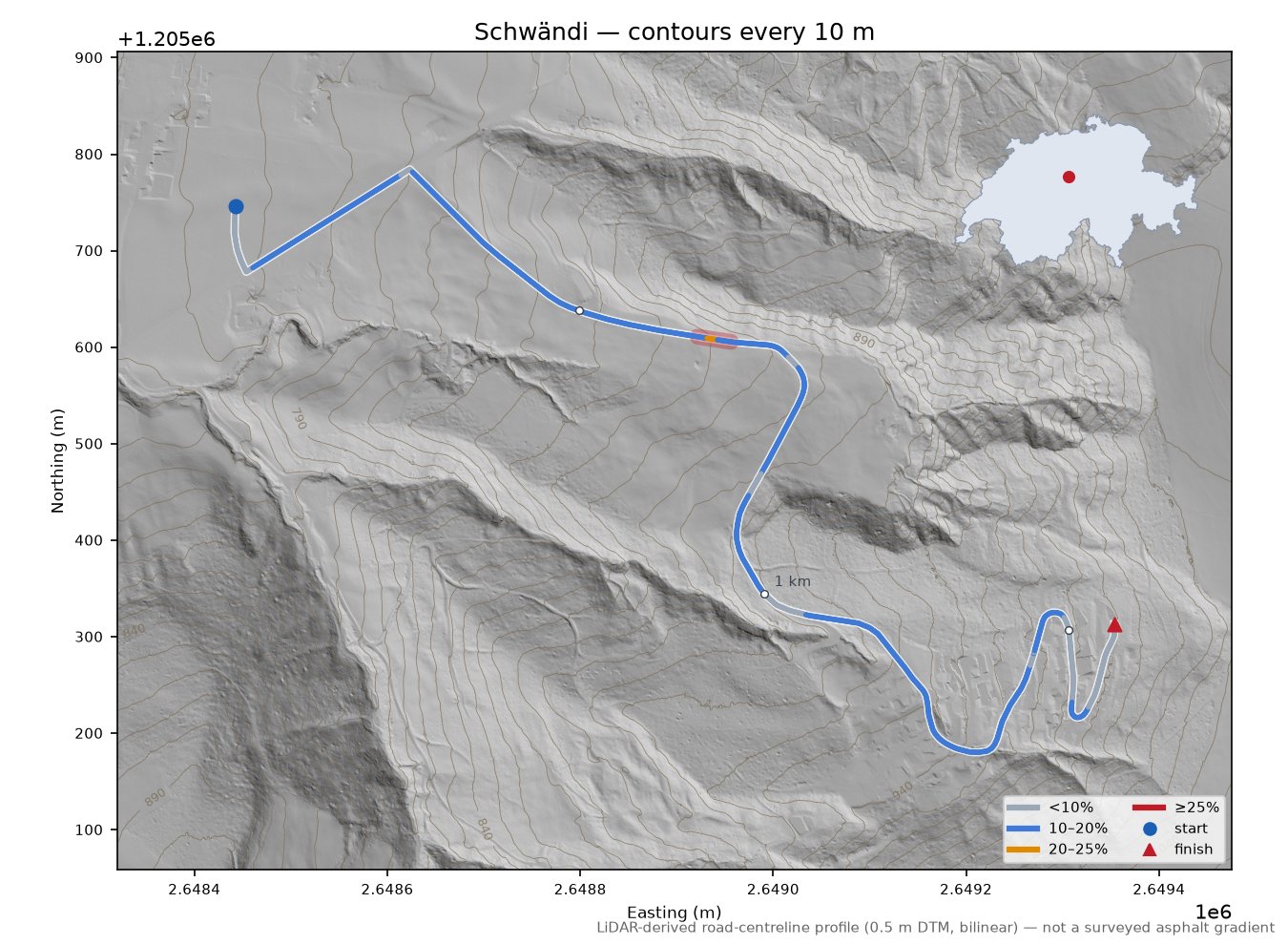 Schwändi LiDAR hillshade map with contours