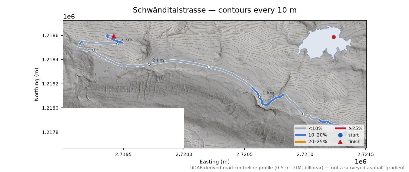 Schwänditalstrasse LiDAR hillshade map with contours