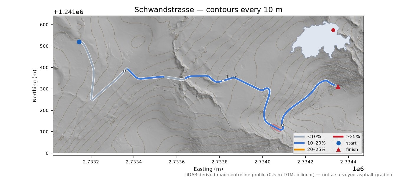 Schwandstrasse LiDAR hillshade map with contours