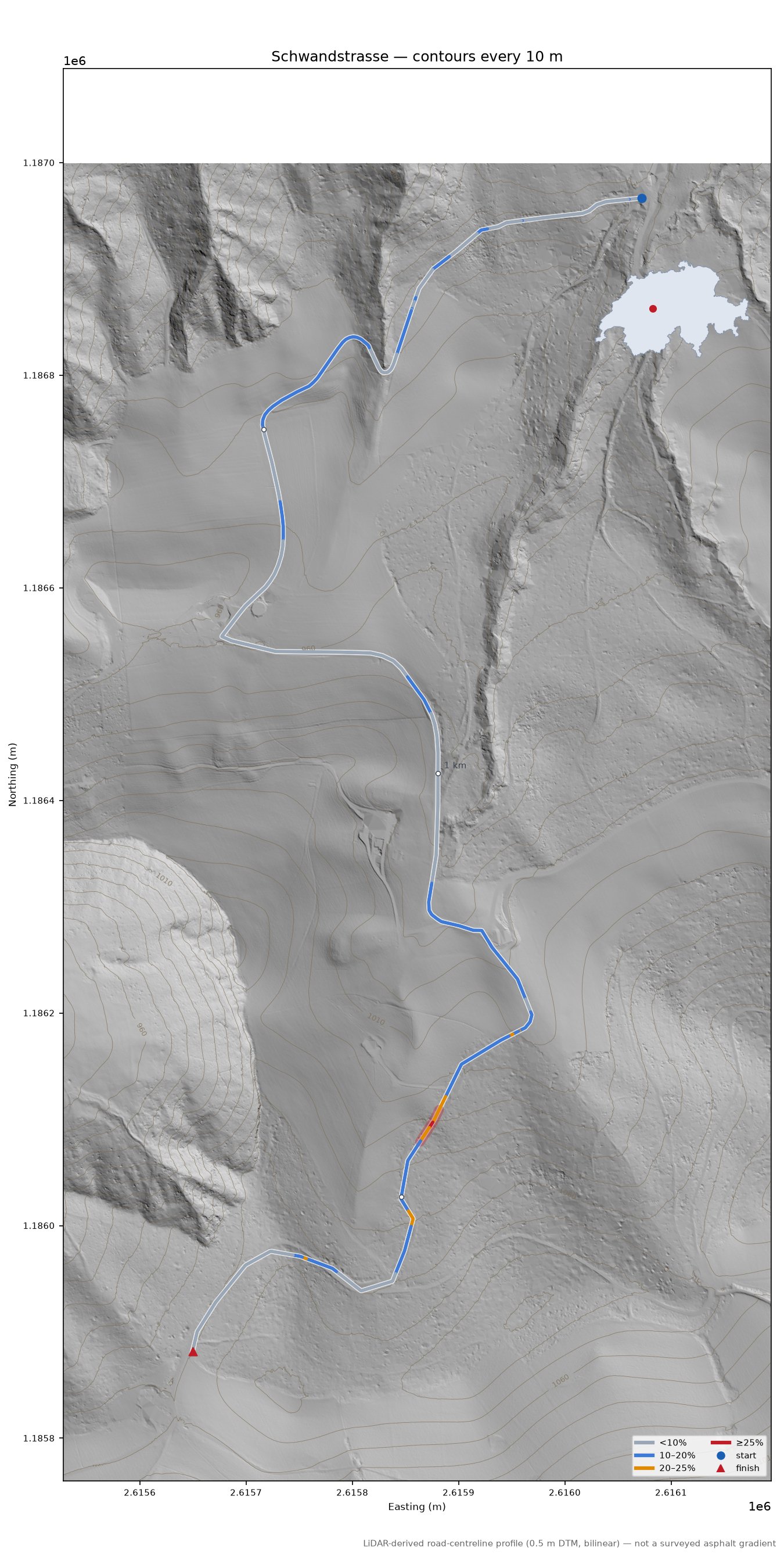 Schwandstrasse LiDAR hillshade map with contours