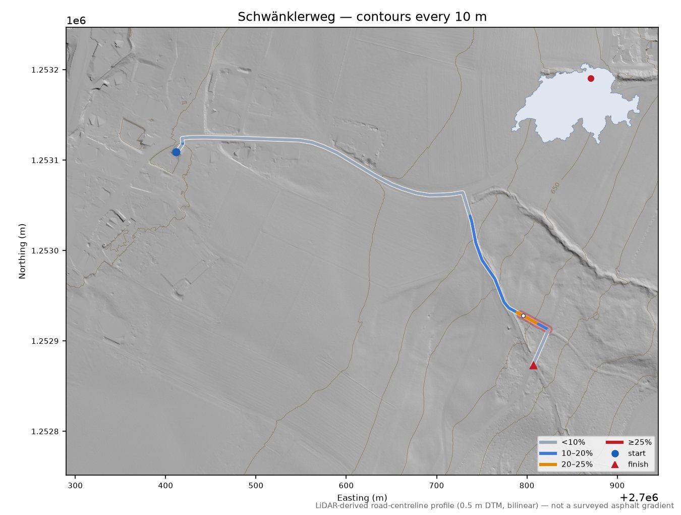 Schwänklerweg LiDAR hillshade map with contours
