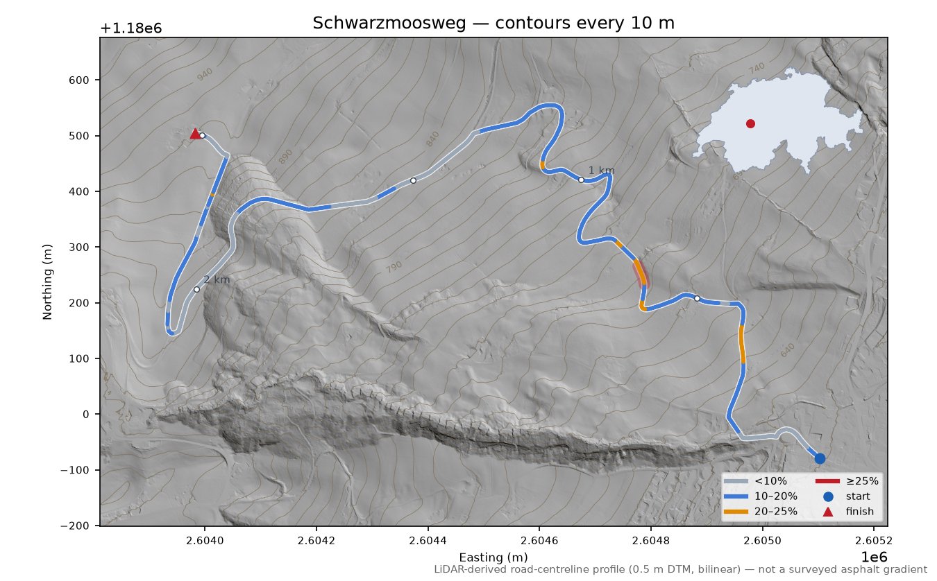Schwarzmoosweg LiDAR hillshade map with contours