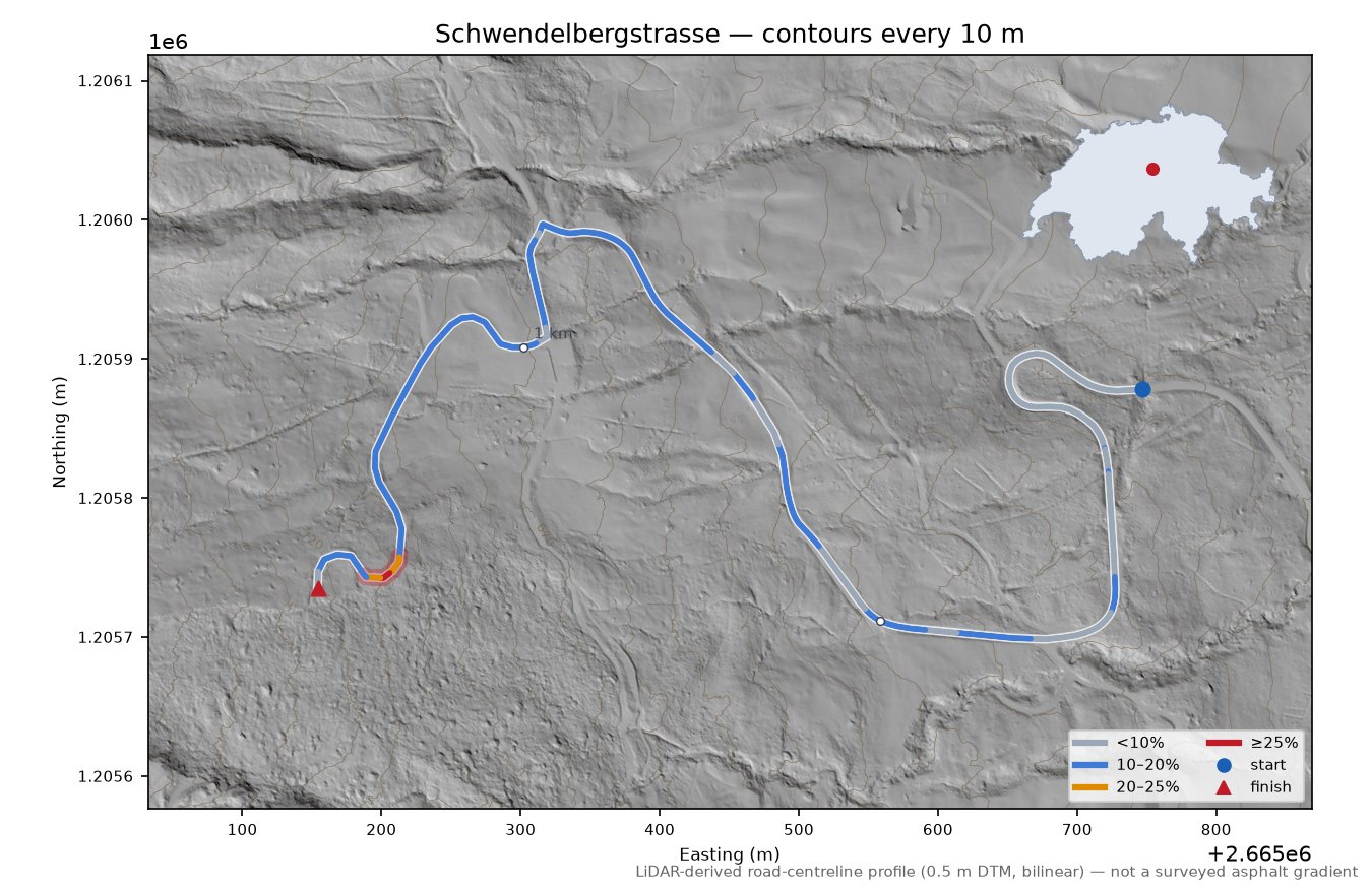 Schwendelbergstrasse LiDAR hillshade map with contours