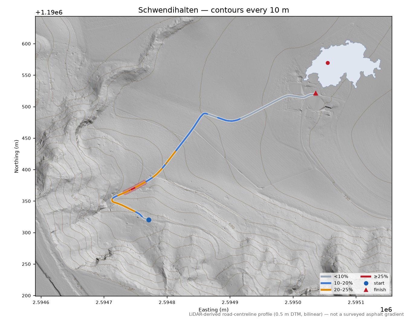 Schwendihalten LiDAR hillshade map with contours